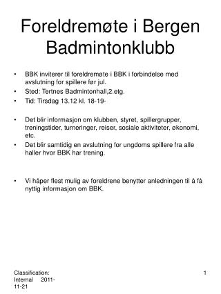 Foreldremøte i Bergen Badmintonklubb