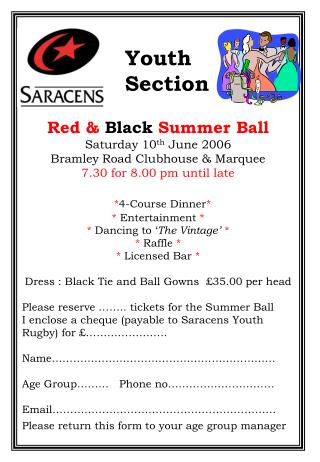 Red & Black Summer Ball Saturday 10 th June 2006 Bramley Road Clubhouse & Marquee 7.30 for 8.00 pm until late