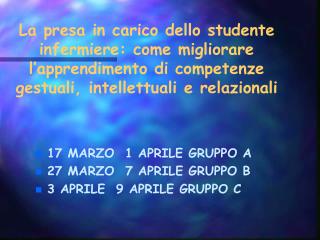 17 MARZO 1 APRILE GRUPPO A 27 MARZO 7 APRILE GRUPPO B 3 APRILE 9 APRILE GRUPPO C