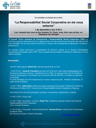 Us convidem a la Sessió de La Unió: “ La Responsabilitat Social Corporativa en els nous entorns ”