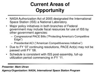 Current Areas of Opportunity