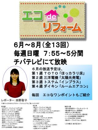 ６月～８月（全１３回） 毎週日曜　７：５５～５分間 チバテレビにて放映