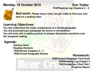 Due Today: TKM Reading Log Chapters 2 – 4