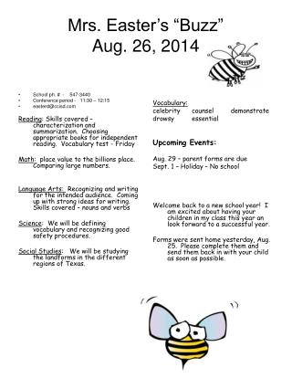 Mrs. Easter’s “Buzz” Aug. 26, 2014