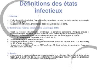 Définitions des états infectieux