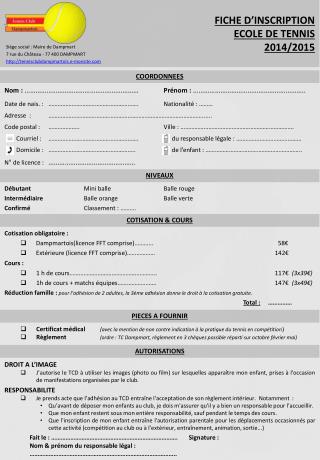 FICHE D’INSCRIPTION ECOLE DE TENNIS 2014/2015