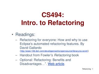 CS494: Intro. to Refactoring