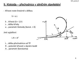 9. Klotoida – přechodnice v silničním stavitelství Křivost roste lineárně s délkou 		k = a s