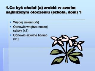 1.Co byś chciał (a) zrobić w swoim najbliższym otoczeniu (szkoła, dom) ?