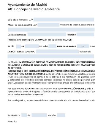 Ayuntamiento de Madrid Att. Concejal de Medio Ambiente