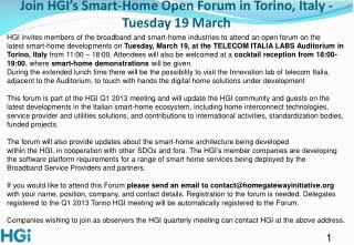 Join HGI’s Smart-Home Open Forum in Torino, Italy - Tuesday 19 March