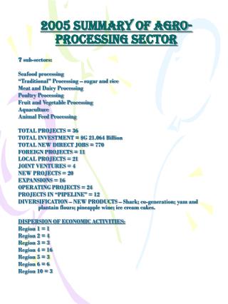 2005 SUMMARY OF AGRO-PROCESSING SECTOR
