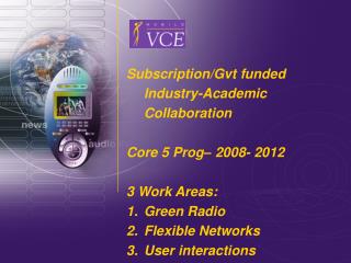 Subscription/Gvt funded Industry-Academic Collaboration Core 5 Prog– 2008- 2012 3 Work Areas: