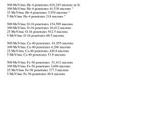 500 MeV/nuc He-4 penetrates 618,245 microns in Si 100 MeV/nuc He-4 penetrates 41,538 microns “