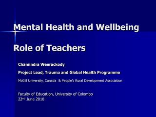 Mental Health and Wellbeing Role of Teachers