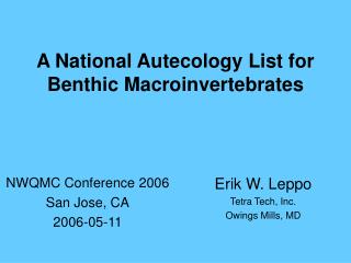 A National Autecology List for Benthic Macroinvertebrates