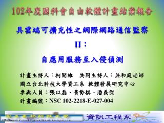 計畫主持人：柯開維 共同 主持人：吳和庭老師 國立台北科技大學資工系 軟體發展研究中心 參與人員：張以磊、黃勢棋、潘義傑 計畫編號： NSC 102-2218-E-027-004