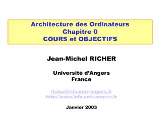 Architecture des Ordinateurs Chapitre 0 COURS et OBJECTIFS