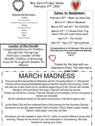 Mrs. Kerr’s Friday Notes February 17 th , 2012