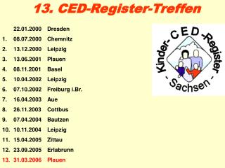 22.01.2000	Dresden 08.07.2000	Chemnitz 13.12.2000	Leipzig 13.06.2001	Plauen