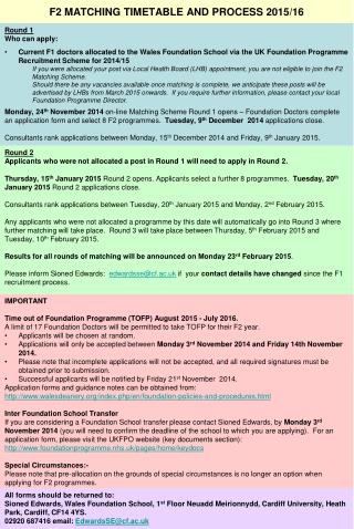 F2 MATCHING TIMETABLE AND PROCESS 2015/16