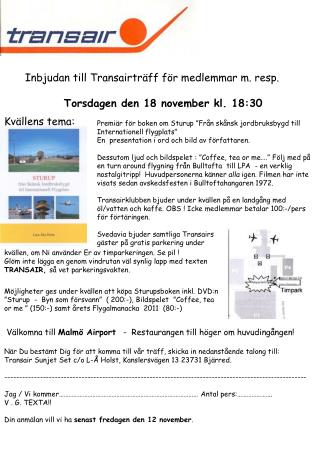 Inbjudan till Transairträff för medlemmar m. resp. Torsdagen den 18 november kl. 18:30