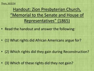 Handout: Zion Presbyterian Church, “Memorial to the Senate and House of Representatives” (1865)