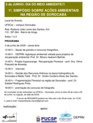 5 de JUNHO: DIA DO MEIO AMBIENTE!!! 1º. SIMPÓSIO SOBRE AÇÕES AMBIENTAIS NA REGIÃO DE SOROCABA