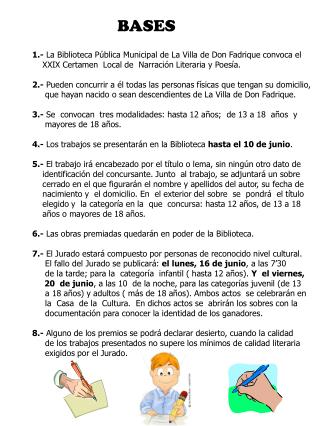 BASES 1.- La Biblioteca Pública Municipal de La Villa de Don Fadrique convoca el