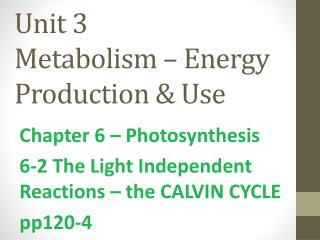 Unit 3 Metabolism – Energy Production &amp; Use