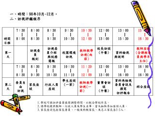 一、時間： 98 年 10 月 ~12 月。 二、訪視評鑑程序