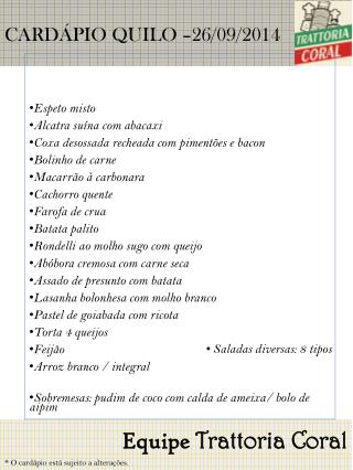 CARDÁPIO QUILO – 26/09/2014