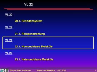 VL 20 	20.1. Periodensystem VL 21 	21.1. Röntgenstrahlung VL 22 	22.1. Homonukleare Moleküle VL 23