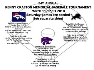 24 th ANNUAL KENNY CRAFTON MEMORIAL BASEBALL TOURNAMENT March 11,12,13 2010