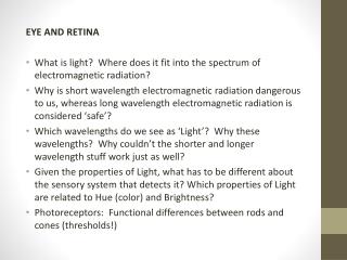 EYE AND RETINA What is light? Where does it fit into the spectrum of electromagnetic radiation?