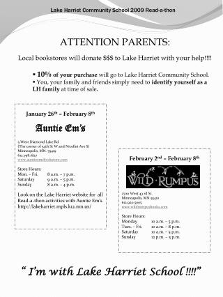 ATTENTION PARENTS: Local bookstores will donate $$$ to Lake Harriet with your help!!!!