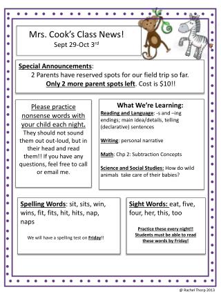 Mrs. Cook’s Class News! Sept 29-Oct 3 rd