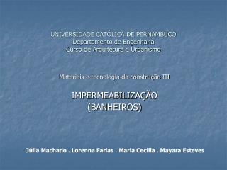 UNIVERSIDADE CATÓLICA DE PERNAMBUCO Departamento de Engenharia Curso de Arquitetura e Urbanismo