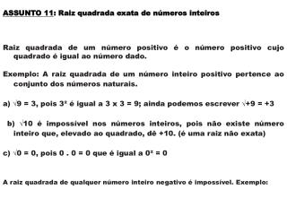 ASSUNTO 11 : Raiz quadrada exata de números inteiros
