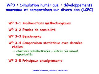 WP3 : Simulation numérique : développements nouveaux et comparaison sur divers cas (LCPC)