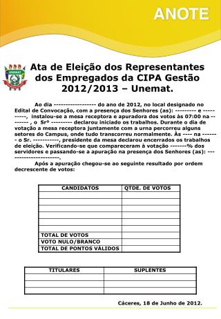 Ata de Eleição dos Representantes dos Empregados da CIPA Gestão 2012/2013 – Unemat.