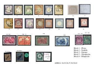 Block 1 – IPosta Block 2 – Nothilfe Block 3 – Ostropa Block 5 - Olympische Block 6 - Olimpische