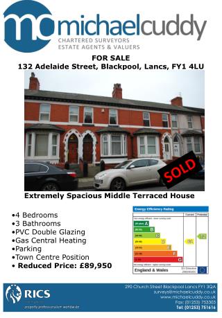 FOR SALE 132 Adelaide Street, Blackpool, Lancs, FY1 4LU