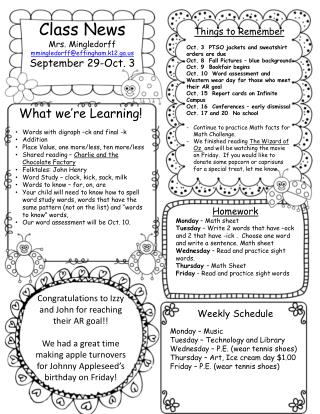 Class News Mrs. Mingledorff mmingledorff@effingham.k12.ga September 29-Oct. 3