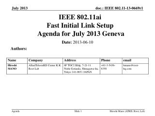 IEEE 802.11ai Fast Initial Link Setup Agenda for July 2013 Geneva