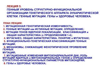 ПЛАН ЛЕКЦИИ : 1. МУТАЦИОННАЯ ГЕНОТИПИЧЕСКАЯ ИЗМЕНЧИВОСТЬ ;