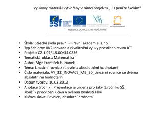 Výukový materiál vytvořený v rámci projektu „EU peníze školám“