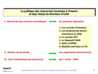 La politique des ressources humaines à l’Inserm et le(s) rôle(s) du Directeur d’unité