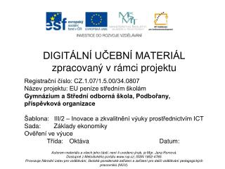 DIGITÁLNÍ UČEBNÍ MATERIÁL zpracovaný v rámci projektu