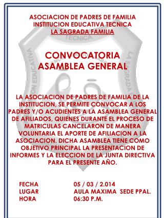 ASOCIACION DE PADRES DE FAMILIA INSTITUCION EDUCATIVA TECNICA LA SAGRADA FAMILIA CONVOCATORIA